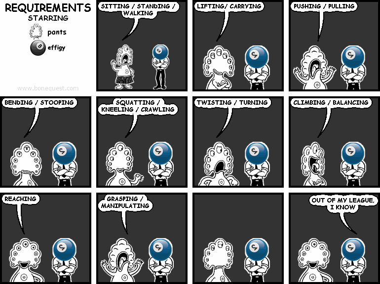 pants: SITTING / STANDING / WALKING
pants: LIFTING/ CARRYING
pants: PUSHING / PULLING
pants: BENDING / STOOPING
pants: SQUATTING / KNEELING / CRAWLING
pants: TWISTING / TURNING
pants: CLIMBING / BALANCING
pants: REACHING
pants: GRASPING / MANIPULATING
effigy: OUT OF MY LEAGUE, I KNOW